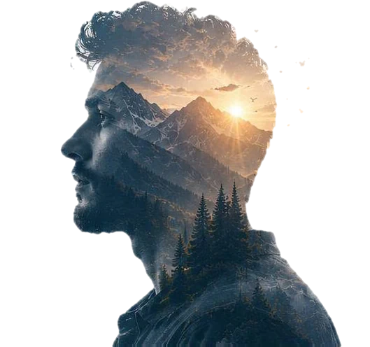 Profil eines Mannes, in dem sich Berge, Wald und ein Sonnenaufgang spiegeln